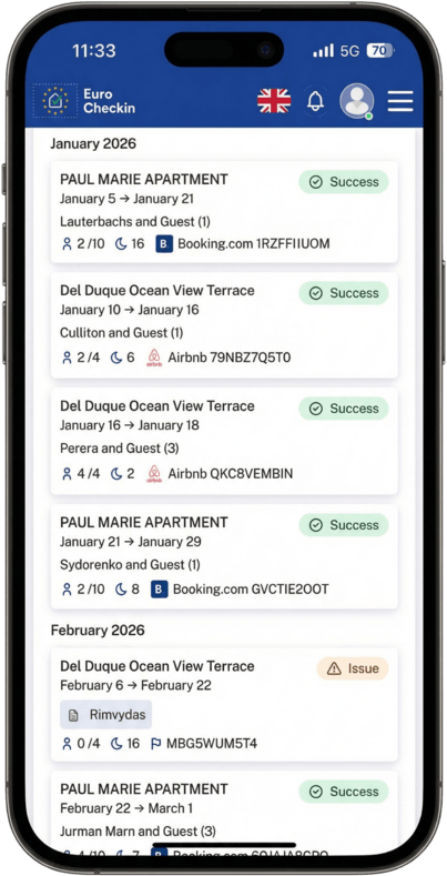 Aplicação EuroCheckin com o resumo dos registos de hóspedes